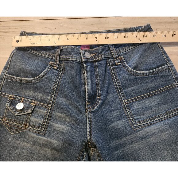 Gitano Flared Jeans Boho Blue Denim Flap Button Pockets Unique Womens 10 EUC - Picture 10 of 12